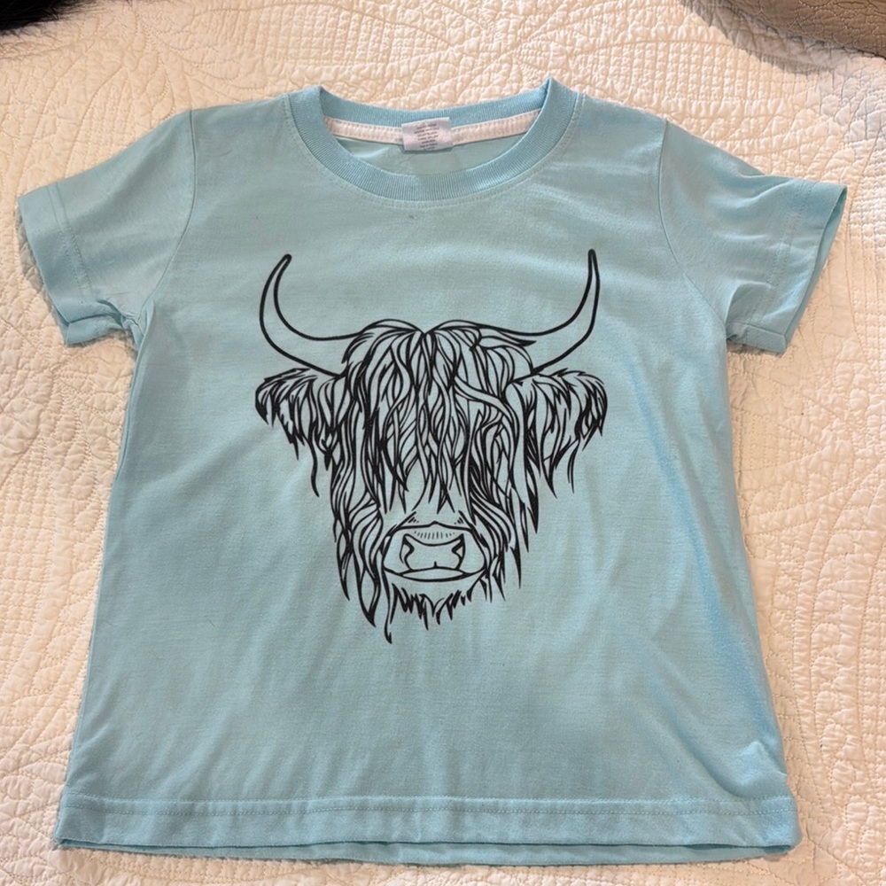Blue Short Sleeve Tee with Highland Cow Design